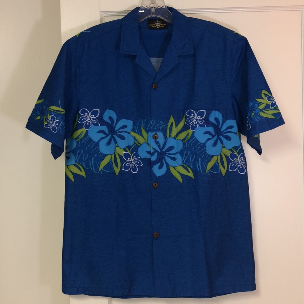 ROYAL CREATIONS Blue Aloha Shirt Plumeria Hibiscus Ulu Leaf Pocket Button M
